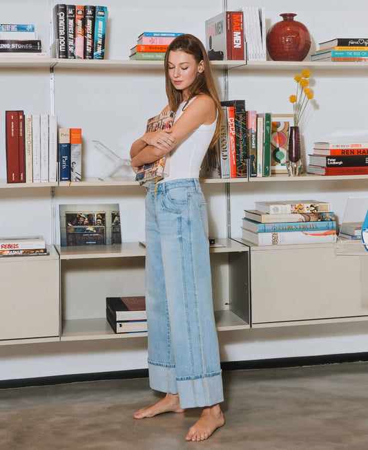 Kris Super High Rise Light Wash Cuffed Baggy Wide Jean