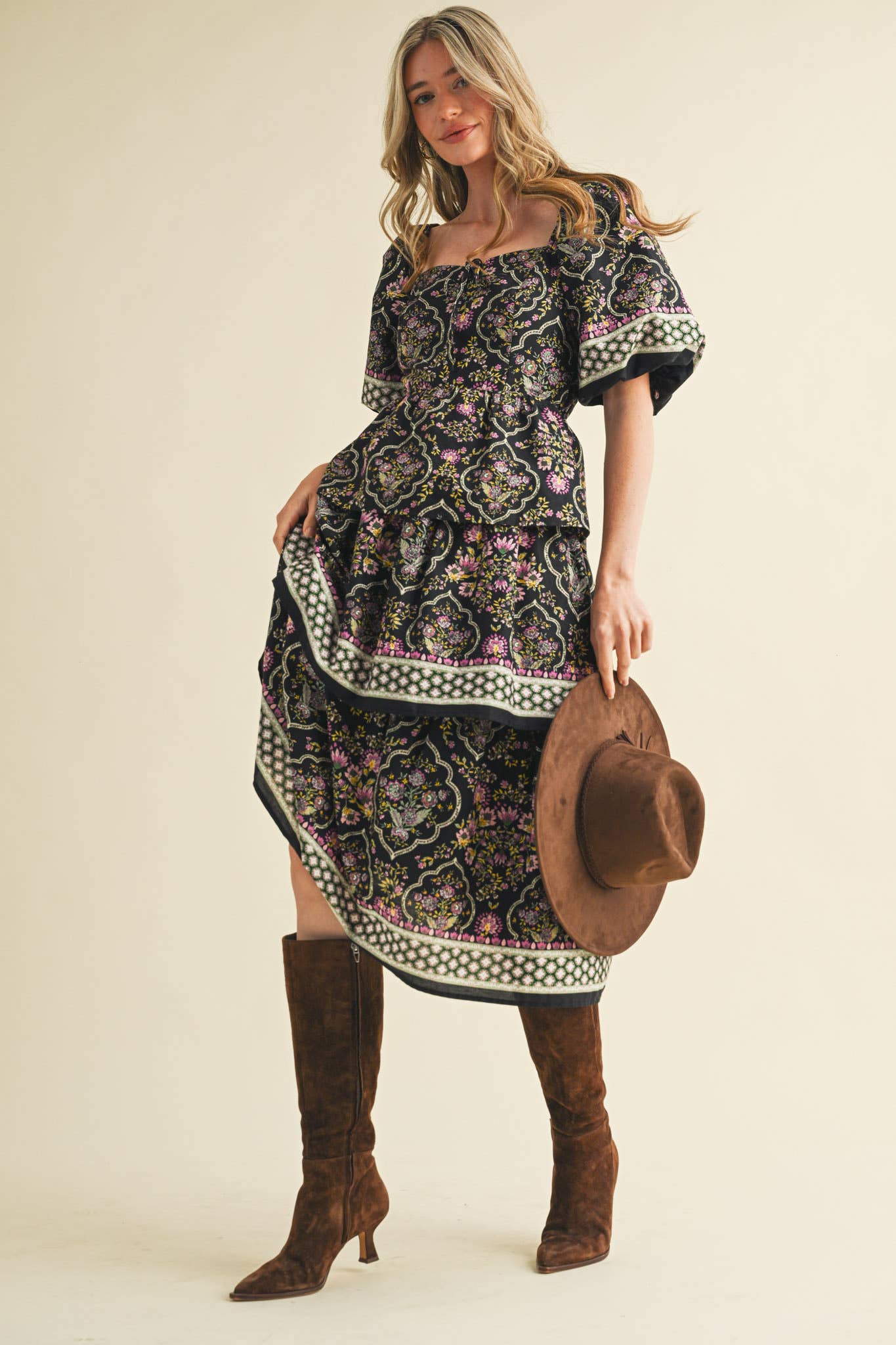 Rental- Border Print Sweetheart Neck Tiered Midi Dress