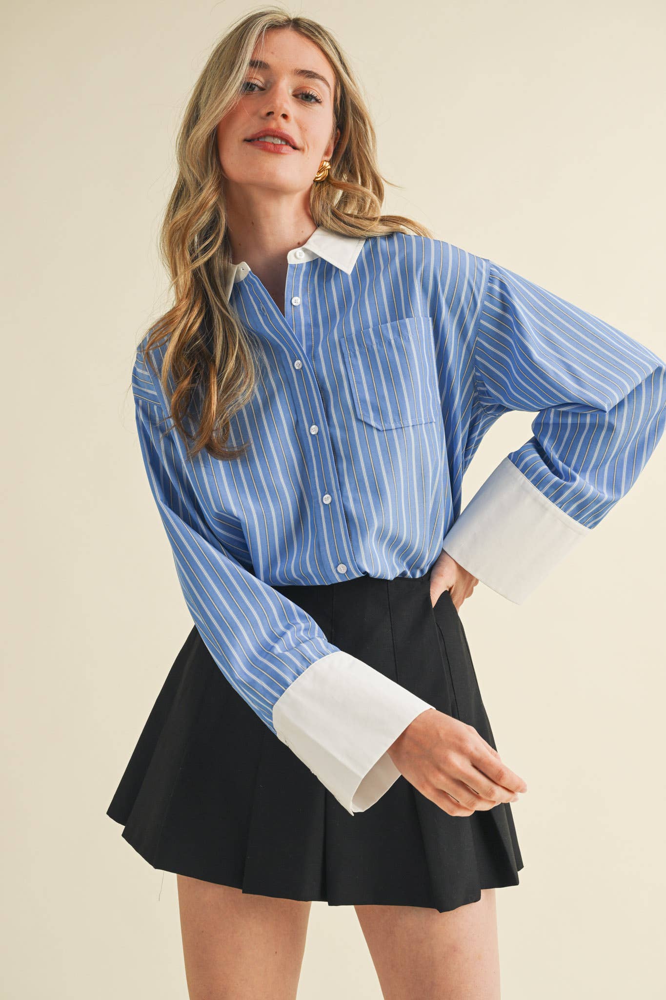 Striped Wide Cuff Button Down Shirt