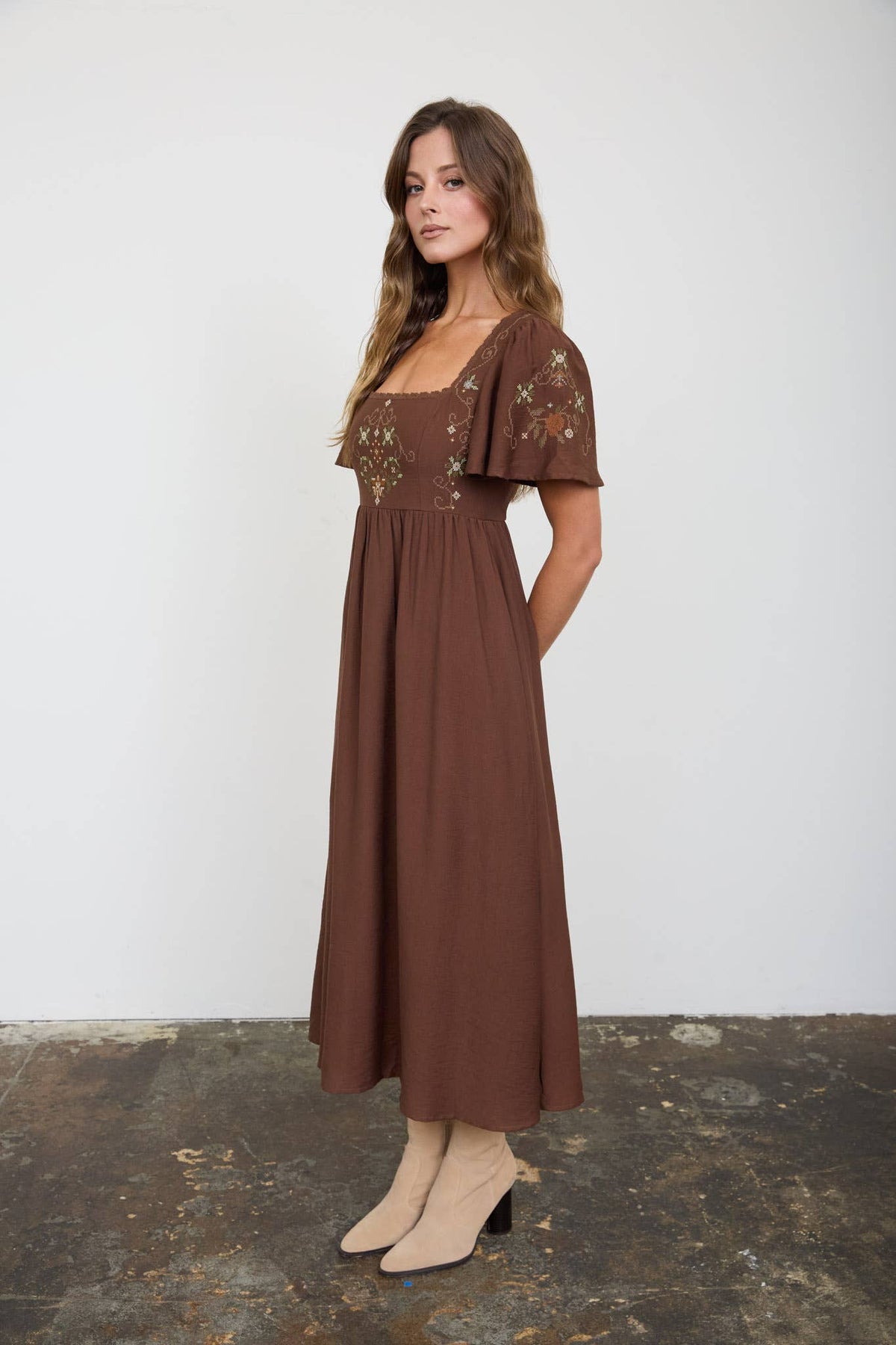 Embroidered Bell Sleeve Midi Dress