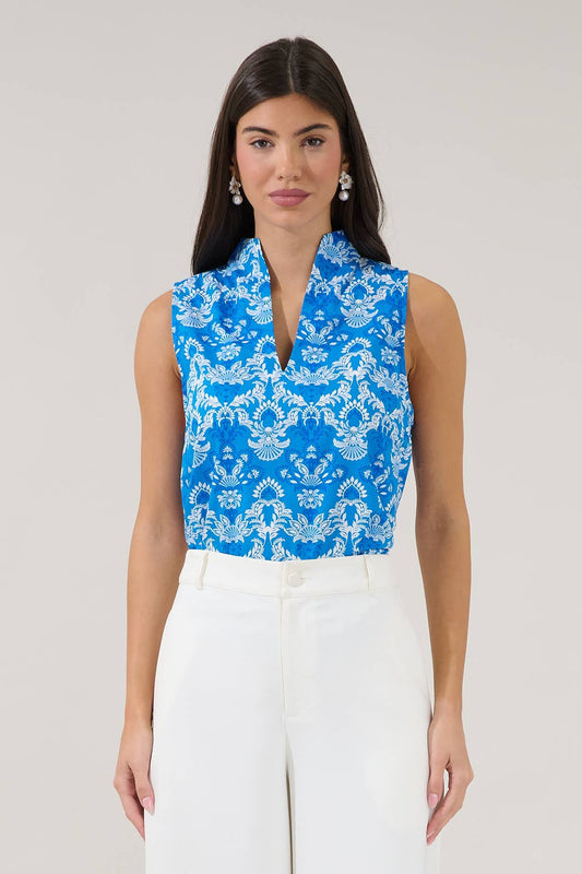 Sleeveless Floral Mock V-Neck Top