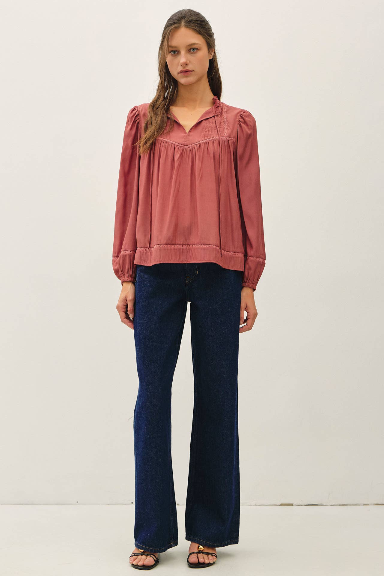 Ruffled V-Neck Silky Peasant Top