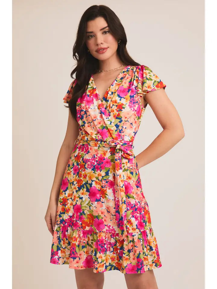 Faux Wrap Wide Side Tie Ruffle Dress