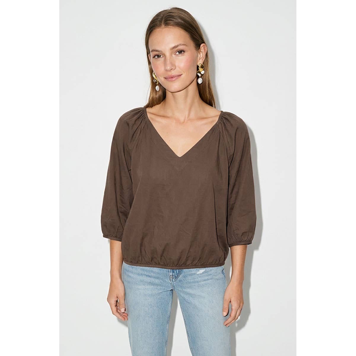Elastic Puff Sleeve V-neck Top