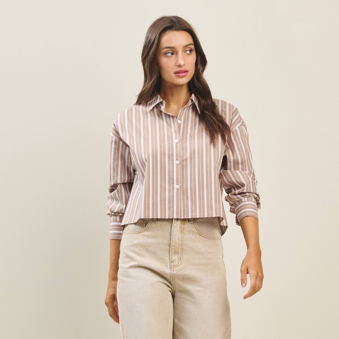 Striped Button Down Crop Length Shirt