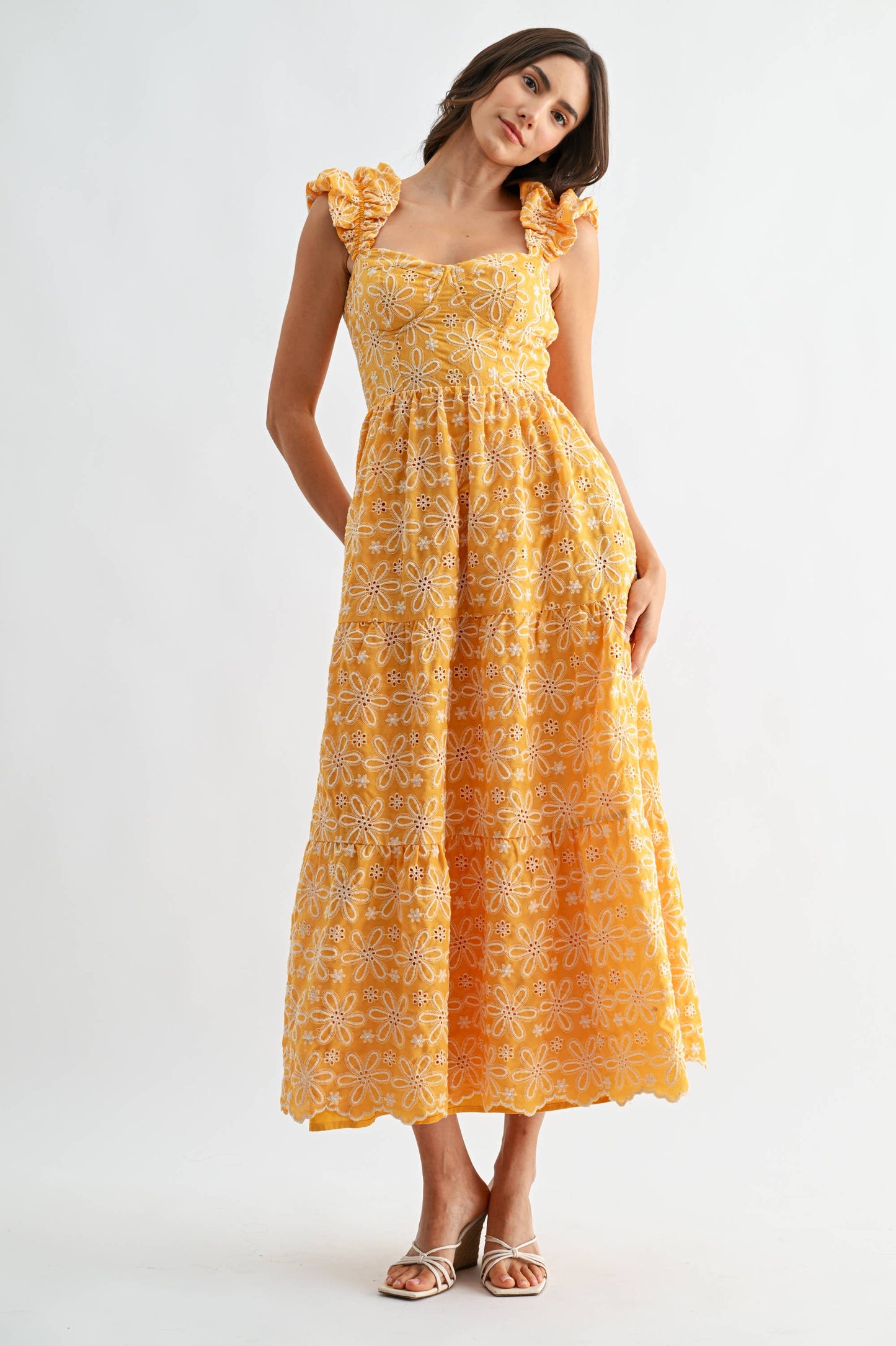 Floral Embroidered Ruffle Sleeve Midi Dress