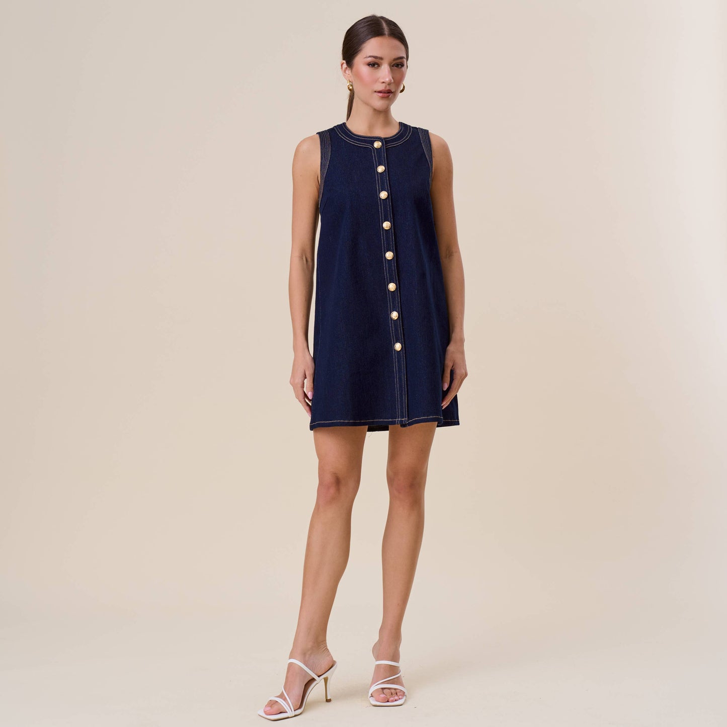 Button Stretch Denim Mini Dress
