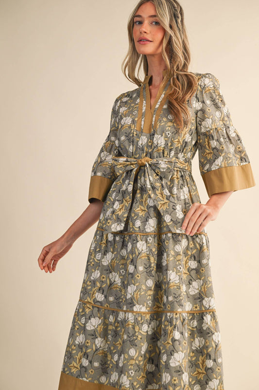 Rental- Floral Belted Contrast Trim Midi Dress