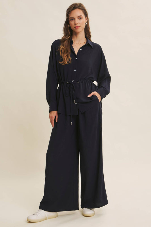 Drawstring Waist Button Down Shirt