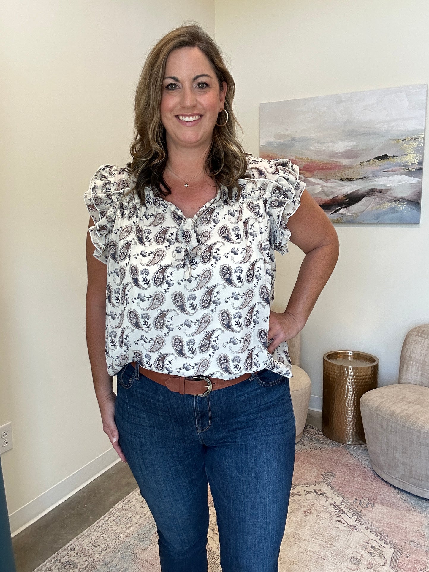 Ruffled Tie Front Short Sleeve Top