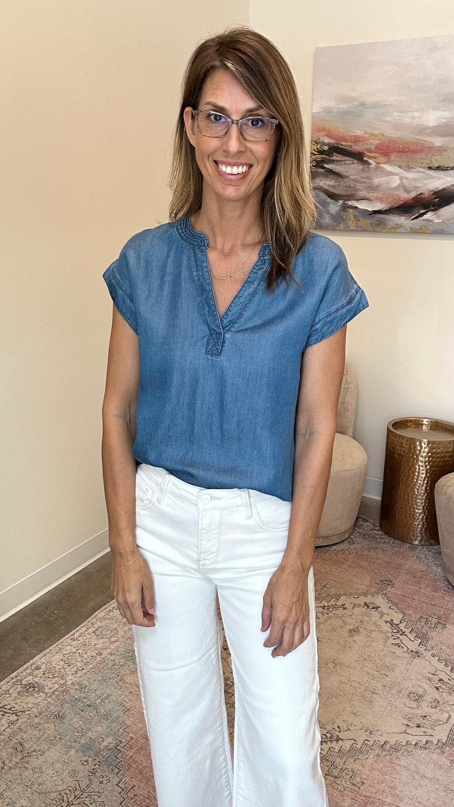 Split Neck Chambray Top