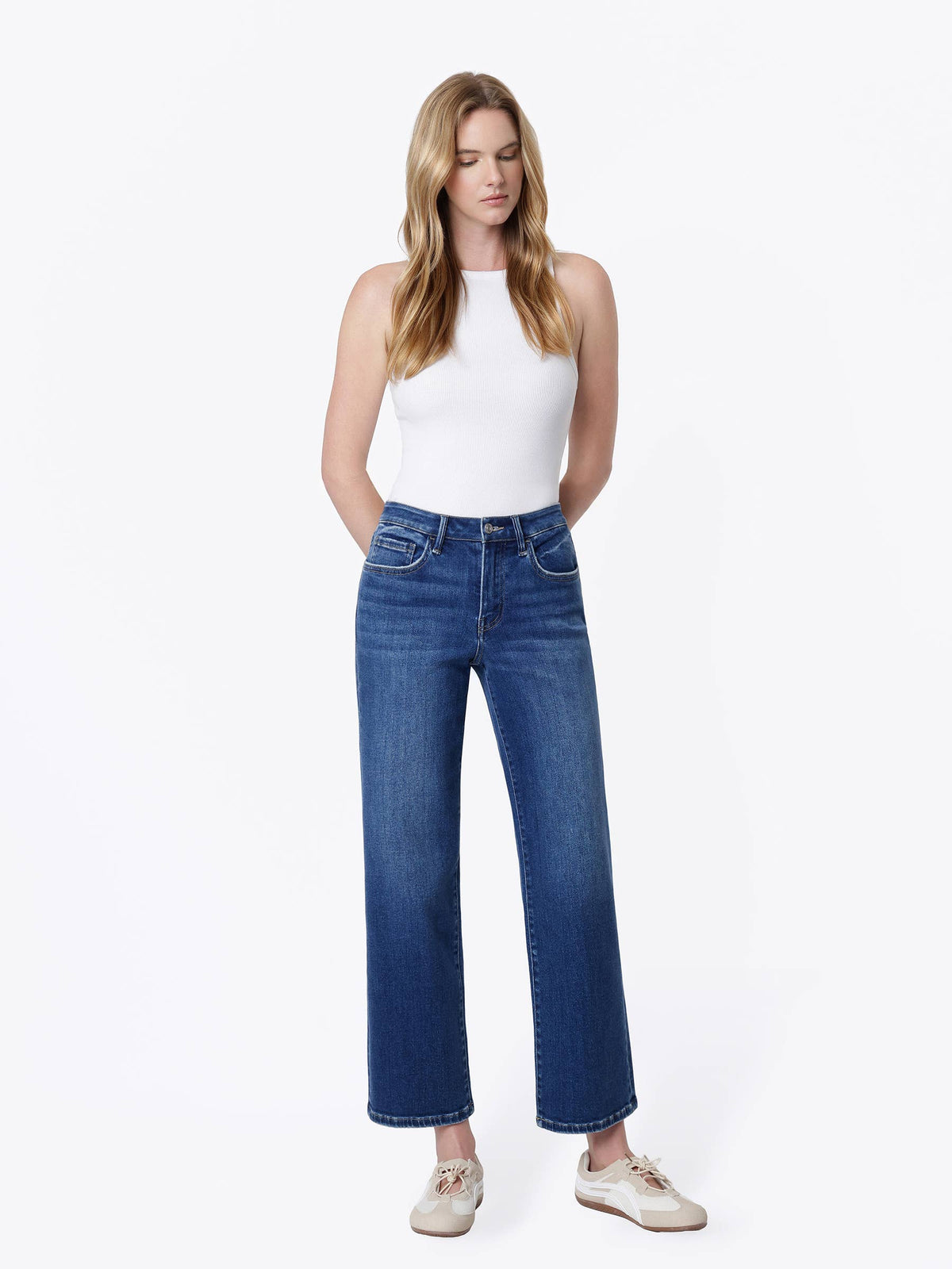 Mid Rise Dark Wash Ankle Slim Wide Jeans