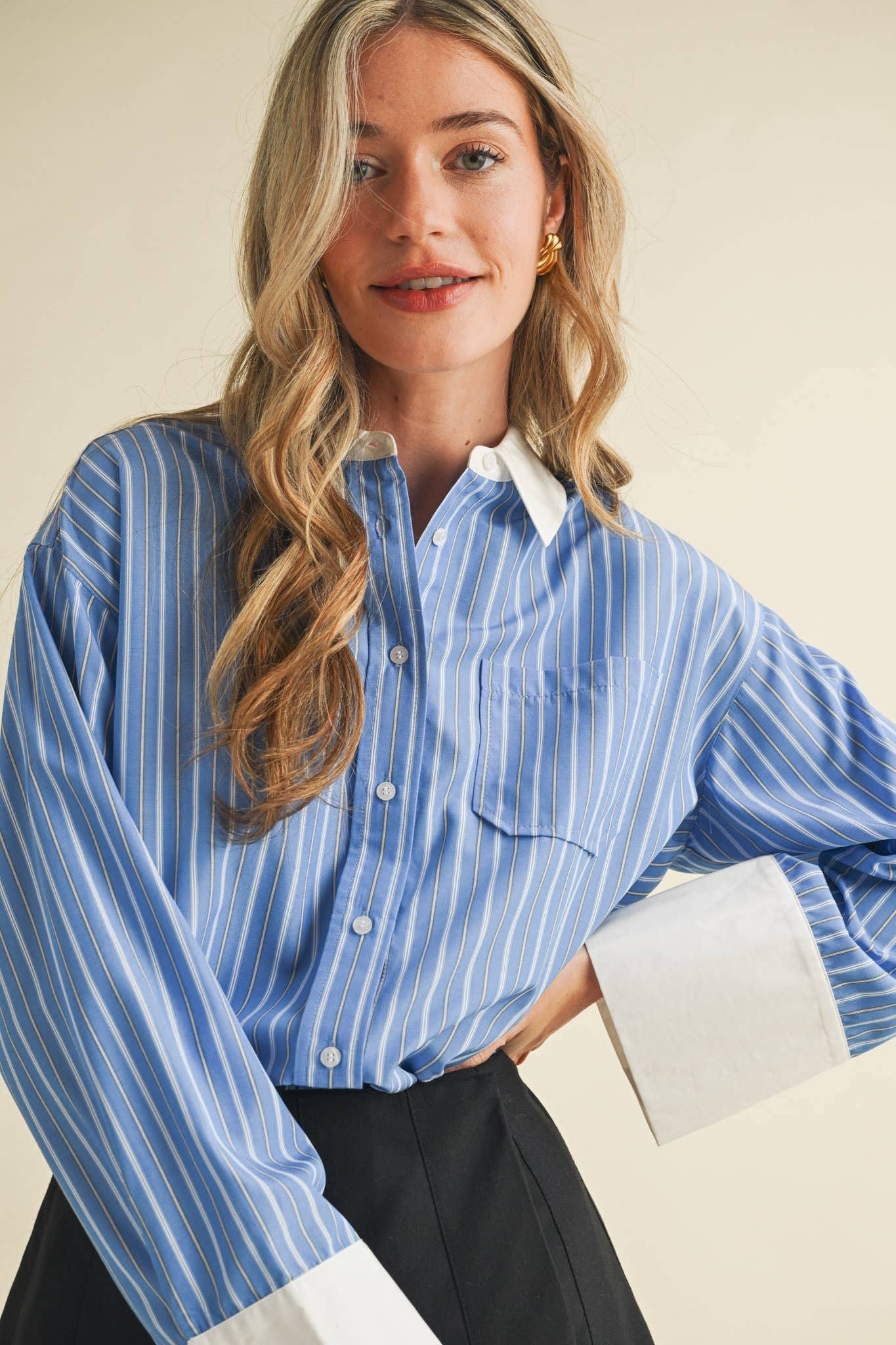 Striped Wide Cuff Button Down Shirt