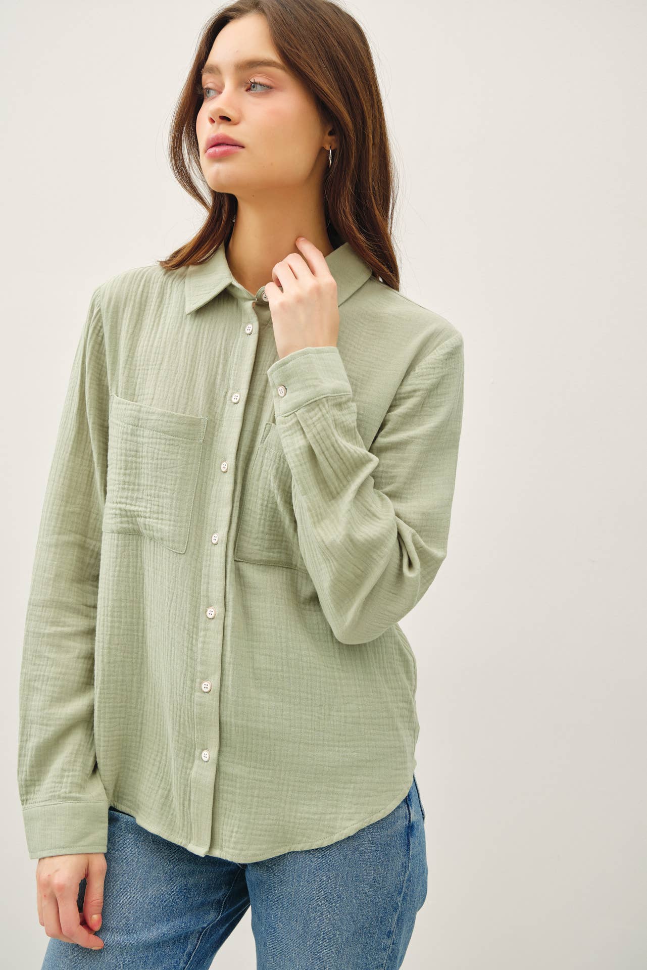 Cotton Gauze Long Sleeve Button Up Shirt