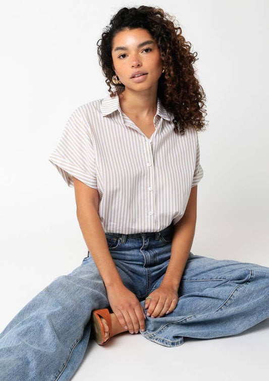 Wide Shoulder Short Sleeve Button Down Top