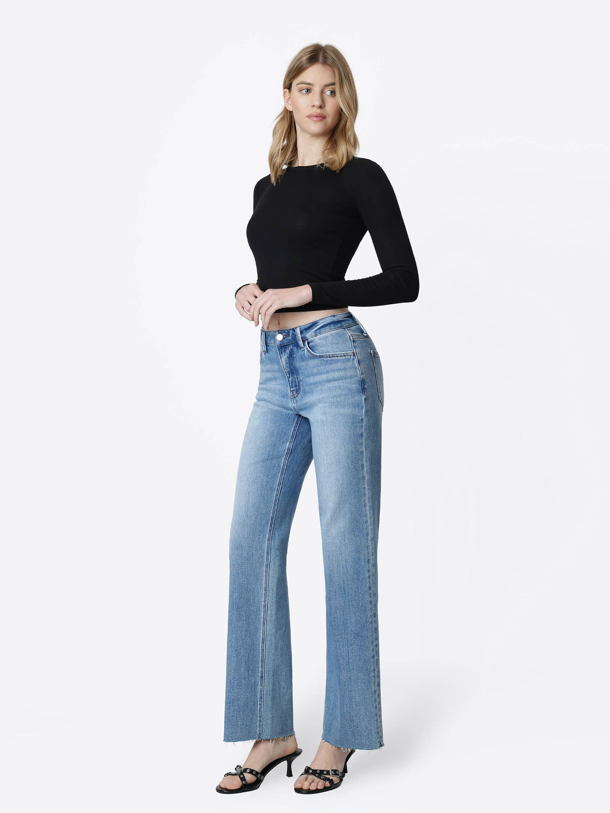High Rise Raw Hem Slim Wide Jeans