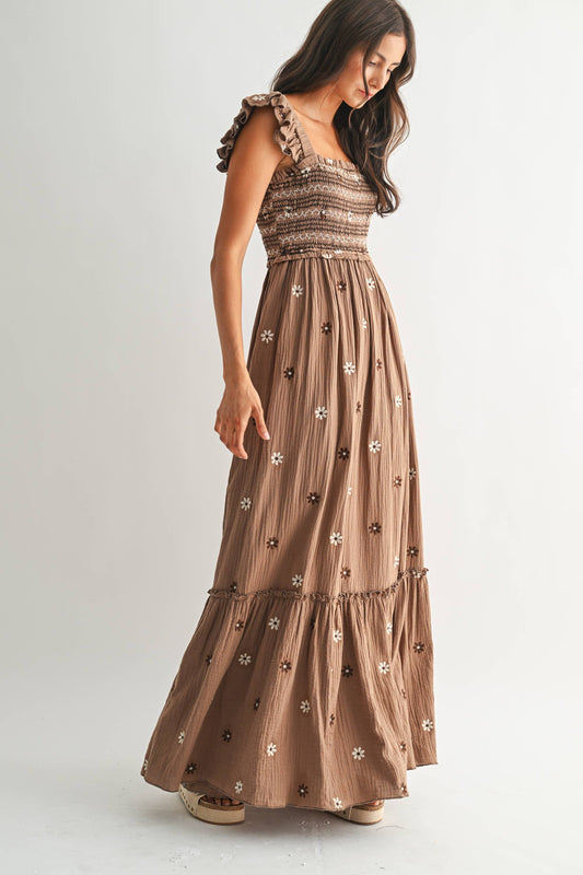 Gauzy Smocked Embroidered Maxi Dress