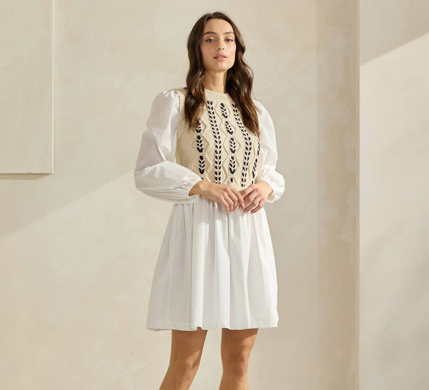 Sweater Poplin Combo Mini Dress