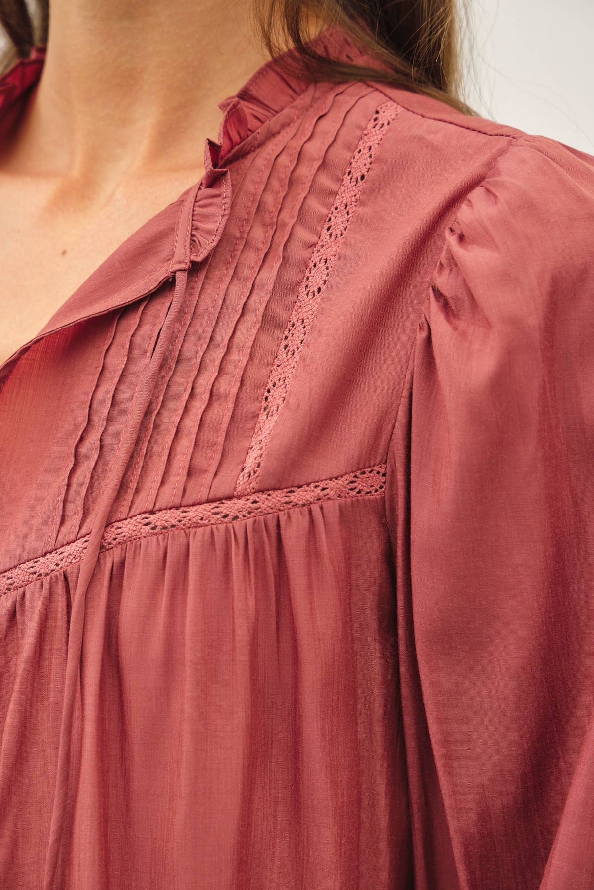Ruffled V-Neck Silky Peasant Top