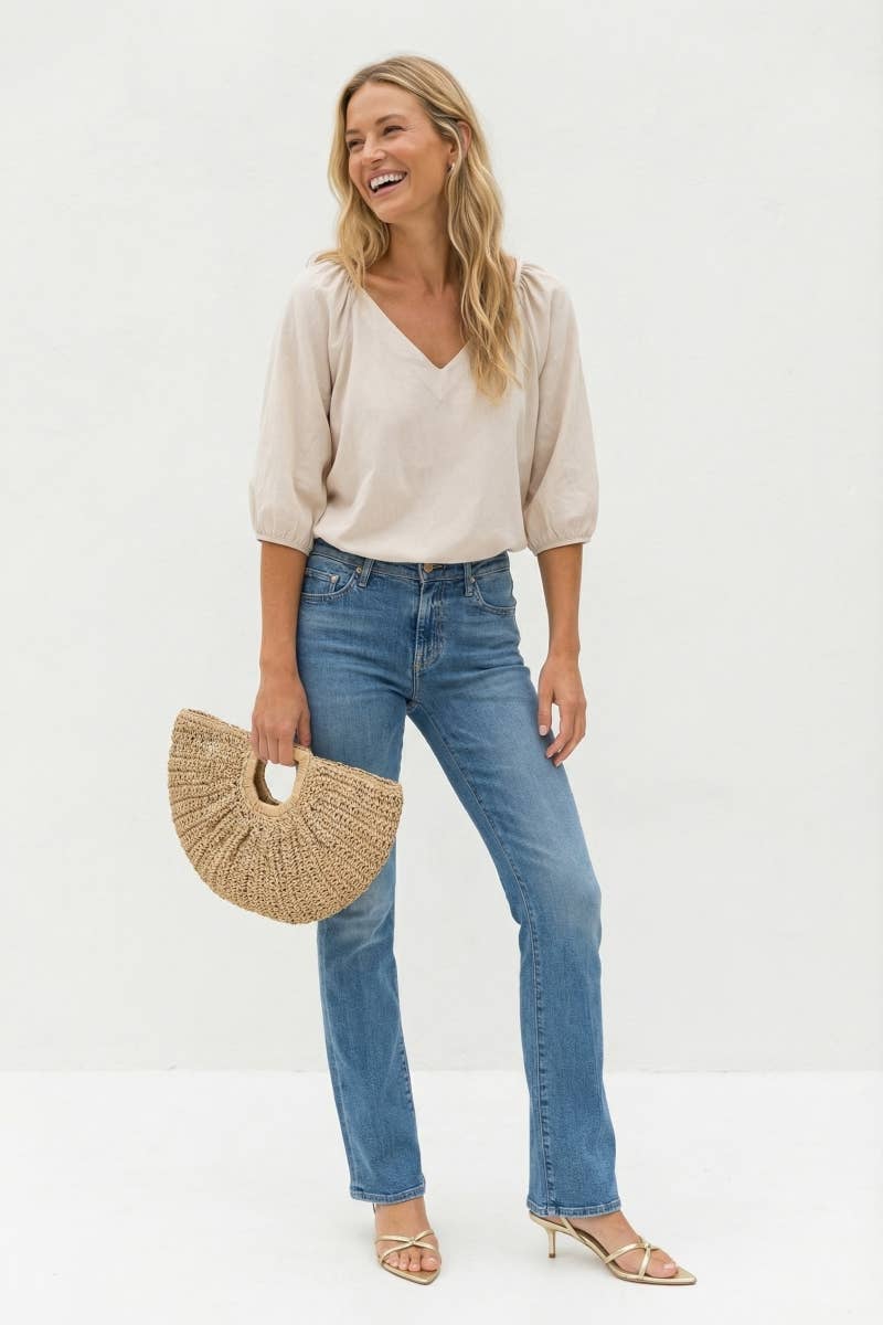 Elastic Puff Sleeve V-neck Top