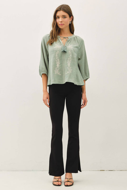 Embroidered Gauzy Peasant Top