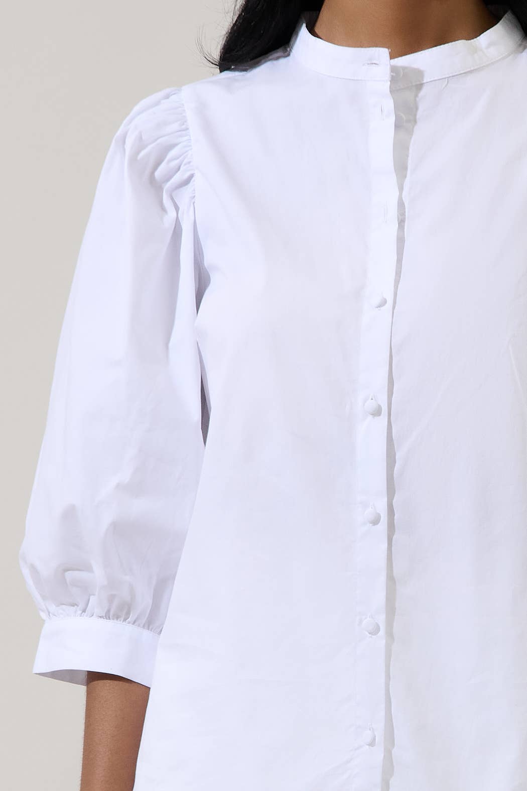 Crew Neck Button Up Puff Sleeve Shirt