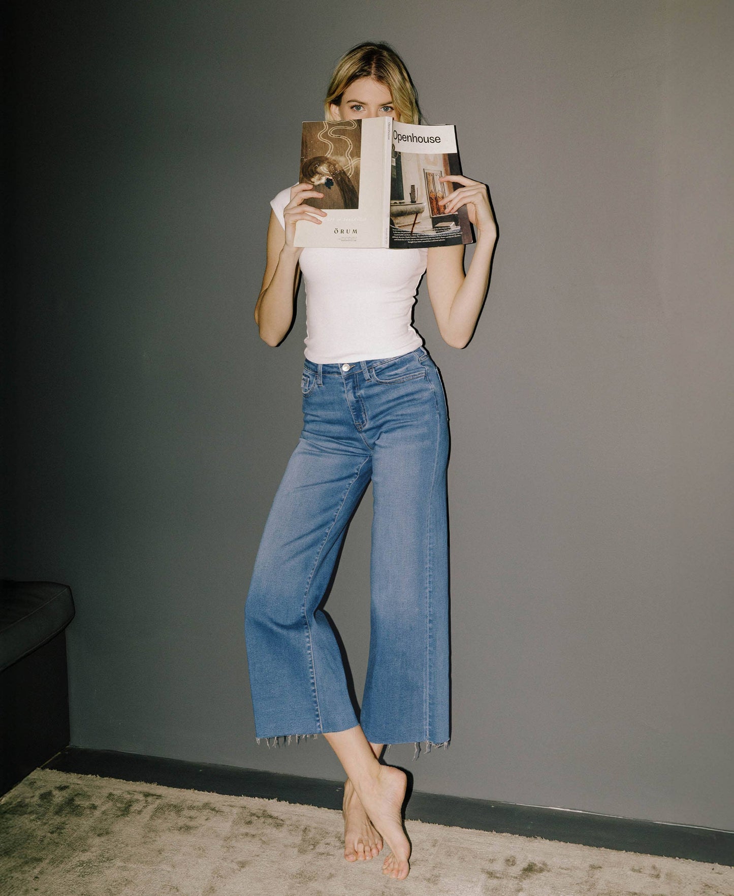 High Rise Raw Hem Cropped Wide Jeans