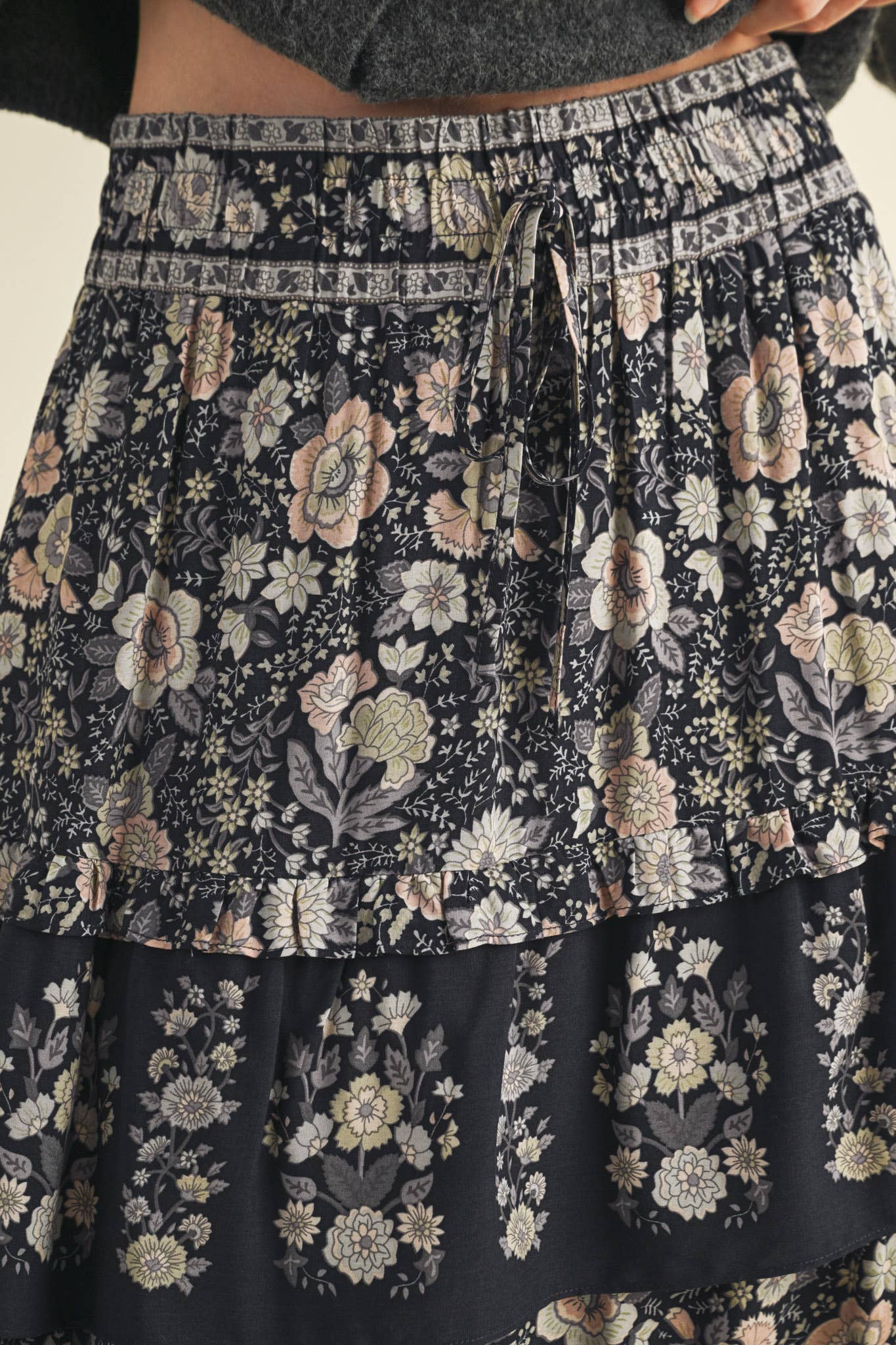 Rental- Ruffle Tiered Border Print Midi Skirt
