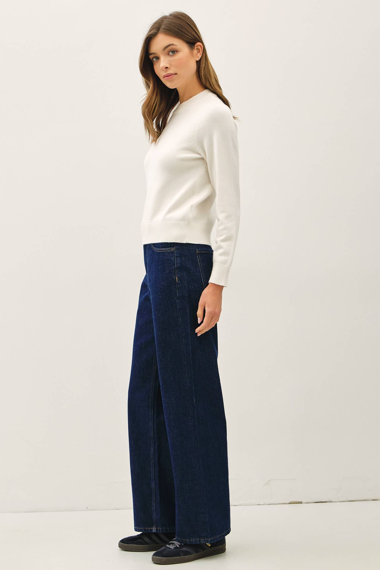 Ribbed Neck Cropped Length Sweater