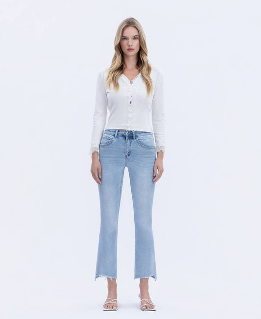 High Rise Raw Step Hem Crop Flare Jeans