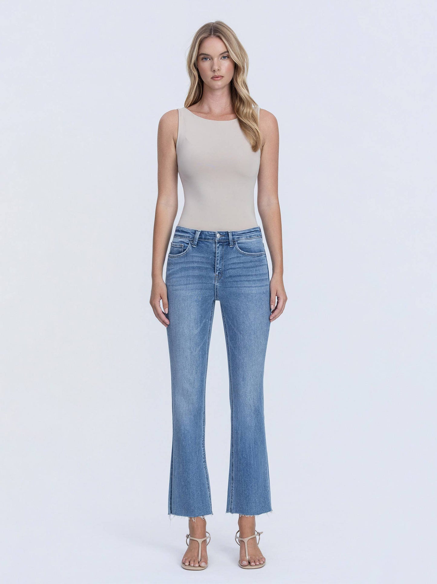 High Rise Raw Hem Crop Flare Jeans