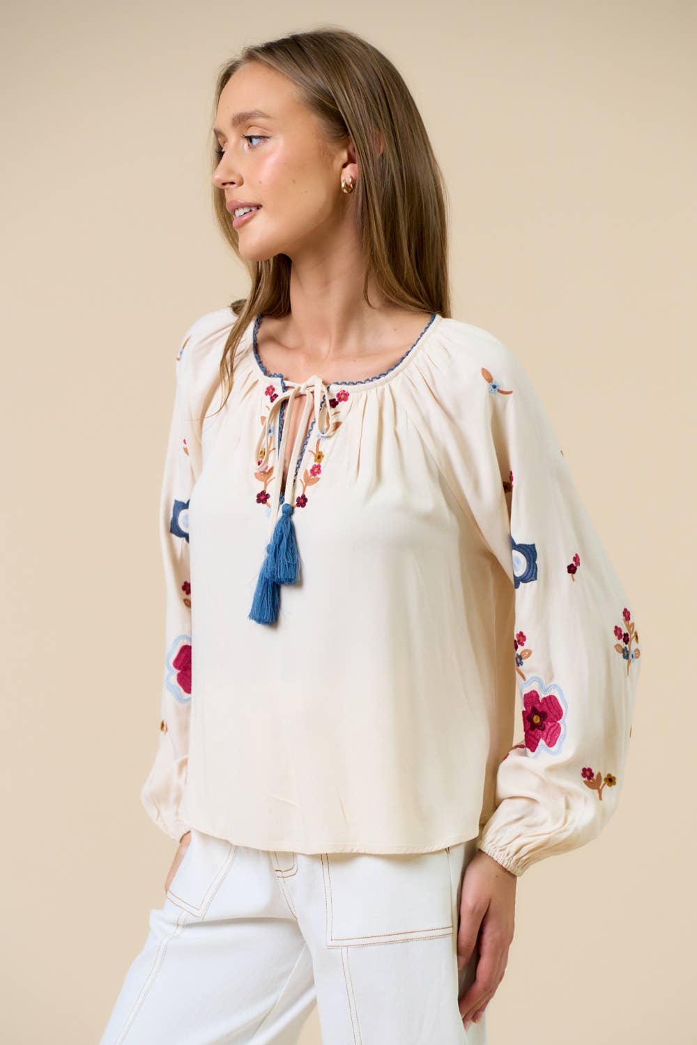 Embroidered Long Sleeve Peasant Blouse