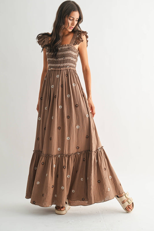 Gauzy Smocked Embroidered Maxi Dress