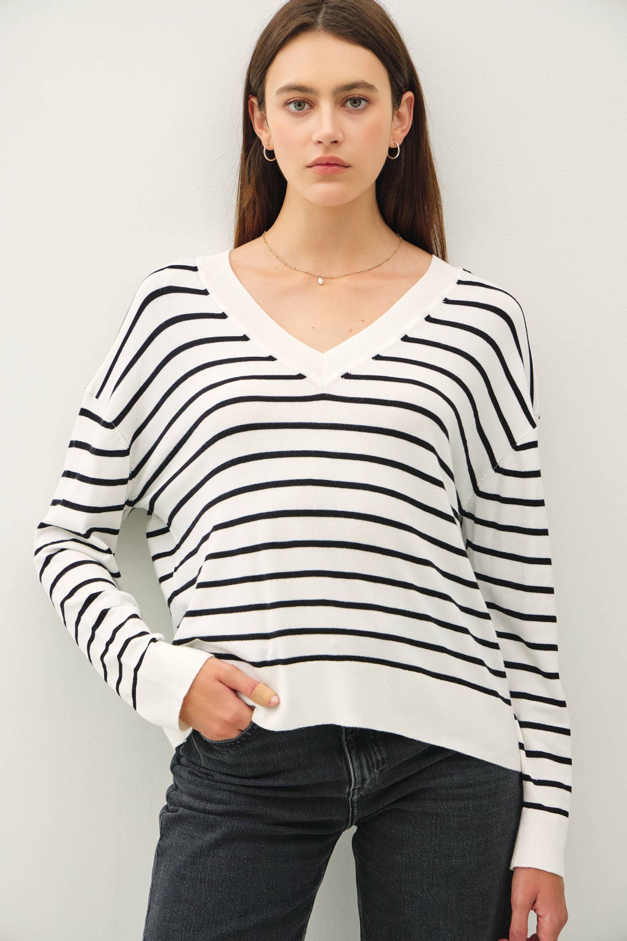Striped V-Neck Lightweight Sweater