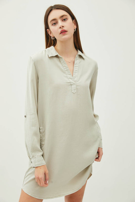 Collared Rolled Sleeve Tencel Dress
