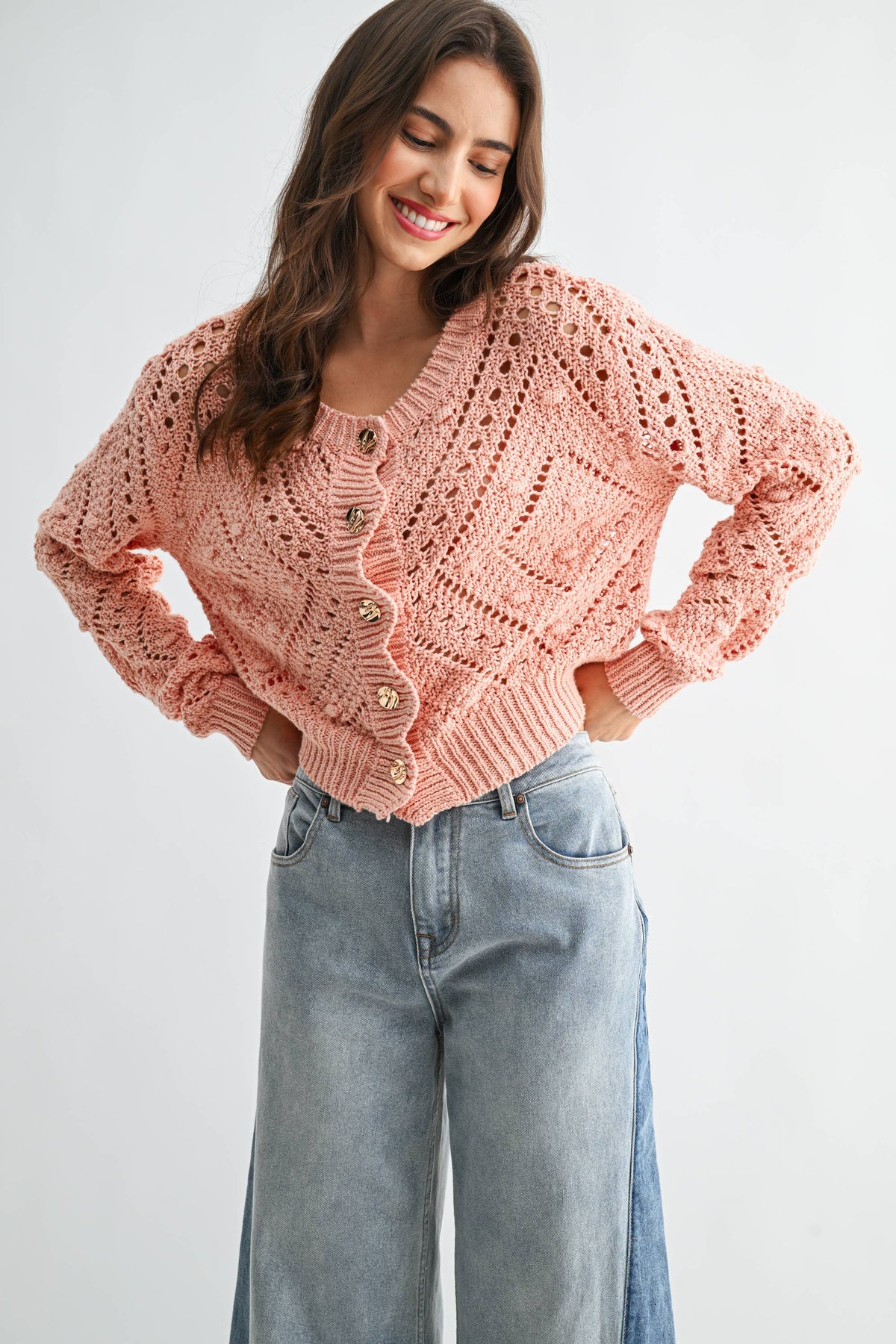 Open Knit Crochet Gold Button Cardigan Sweater