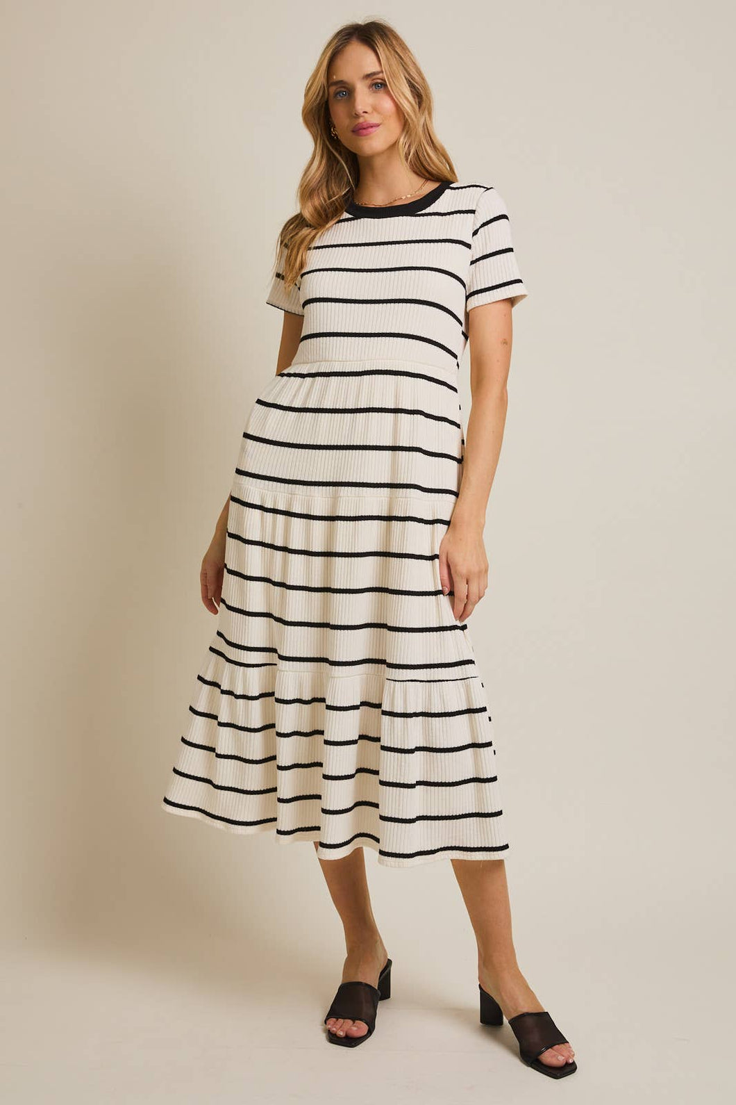 Striped Tiered Short Sleeve Midi Dress