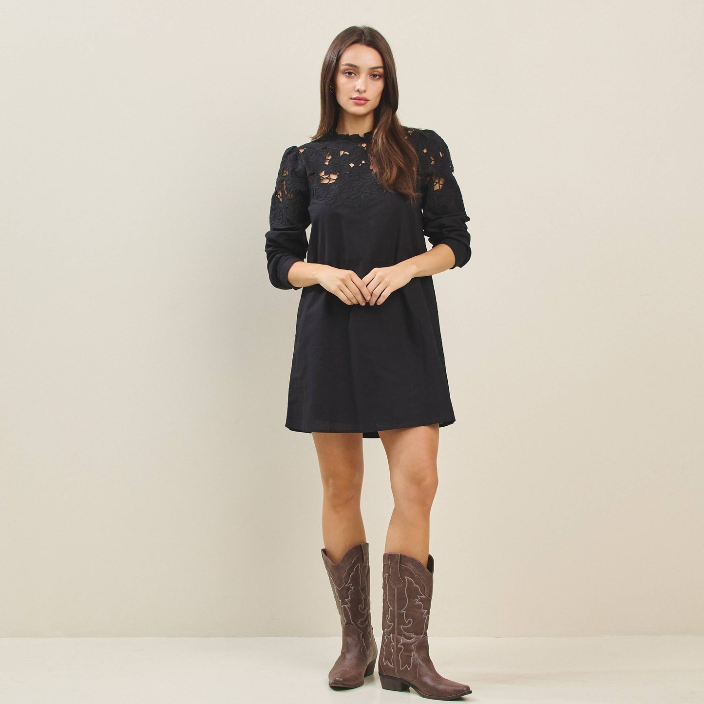 Cutwork Embroidered Long Sleeve Mini Dress