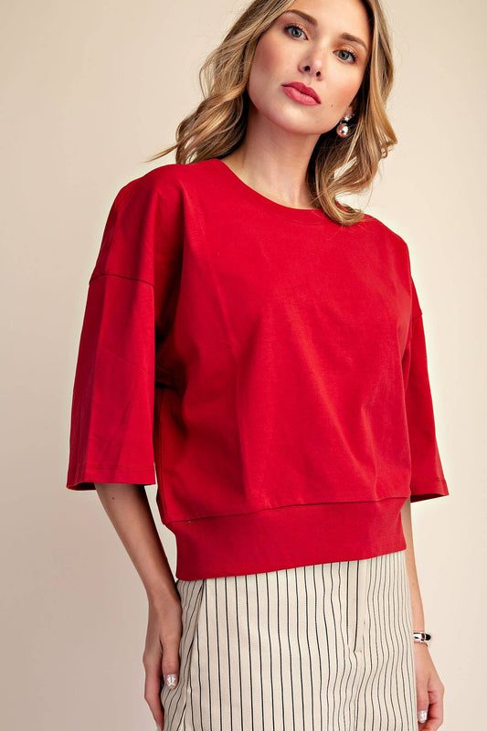 Round Neck Rib Band Pullover Cotton Top