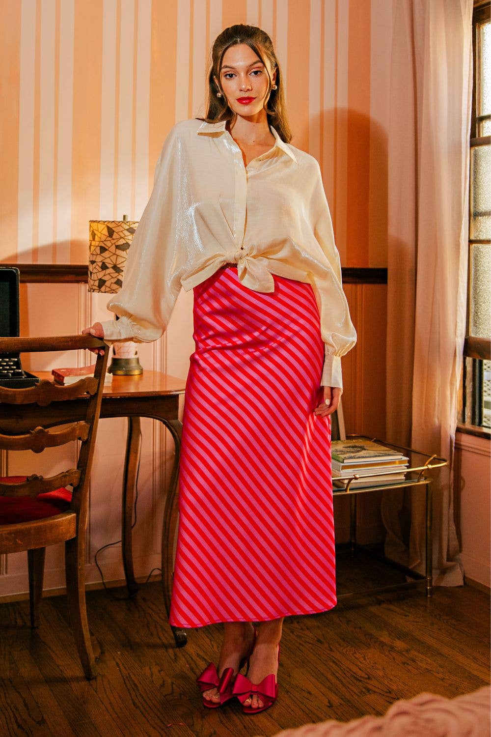 Diagonal Striped Satin Midi Skirt
