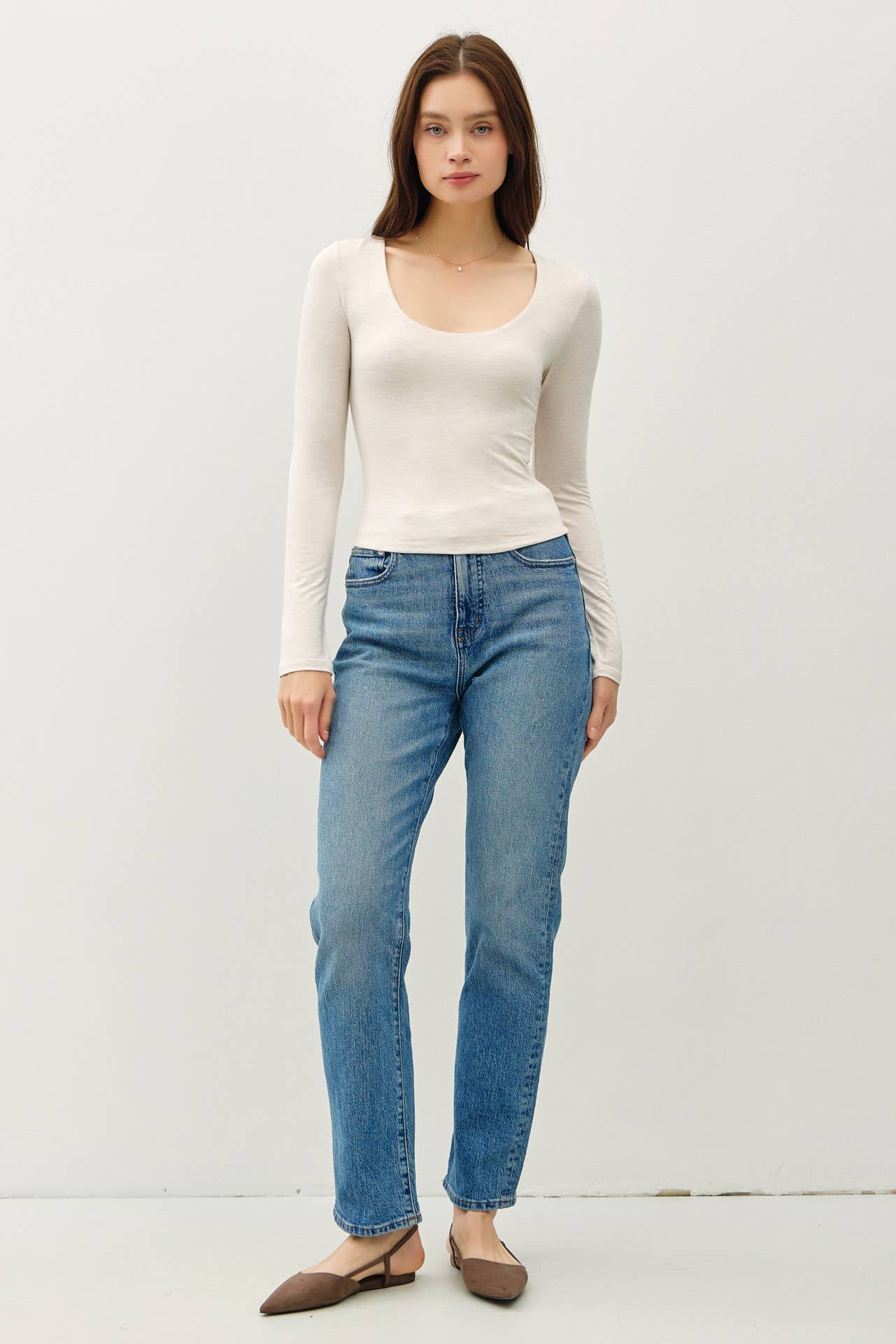 Fitted Basic Scoop Neck Long Sleeve Top