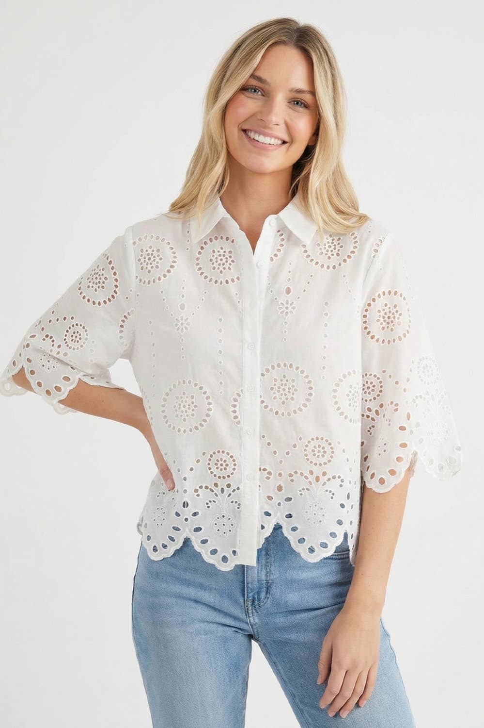 Eyelet Scalloped Hem Short Sleeve Top