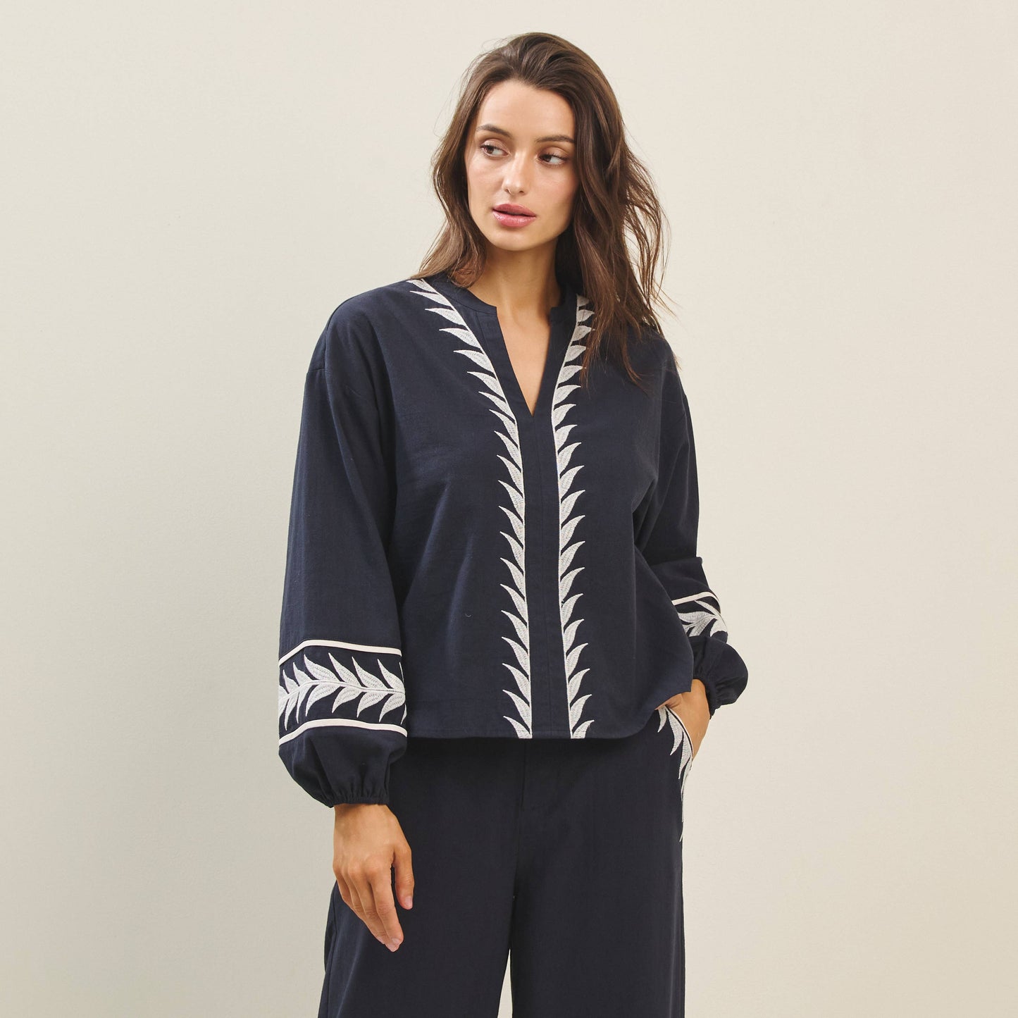 Rental- Embroidered Long Sleeve V-Neck Top