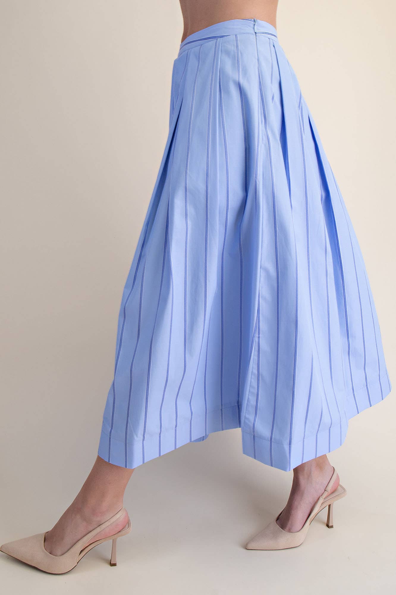 Pleated Flare Stripe Midi Skirt
