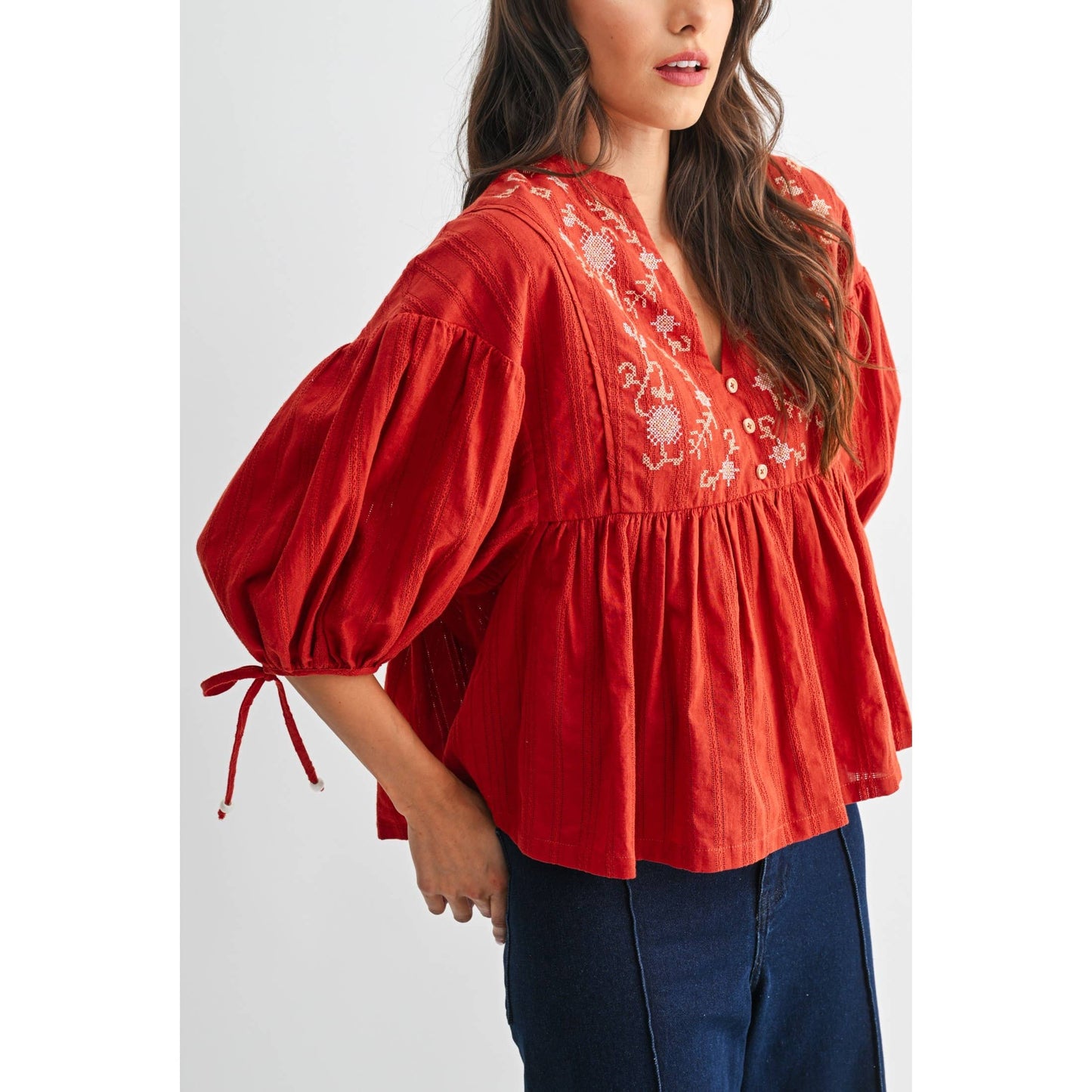 Embroidered V-Neck Boho Blouse Top