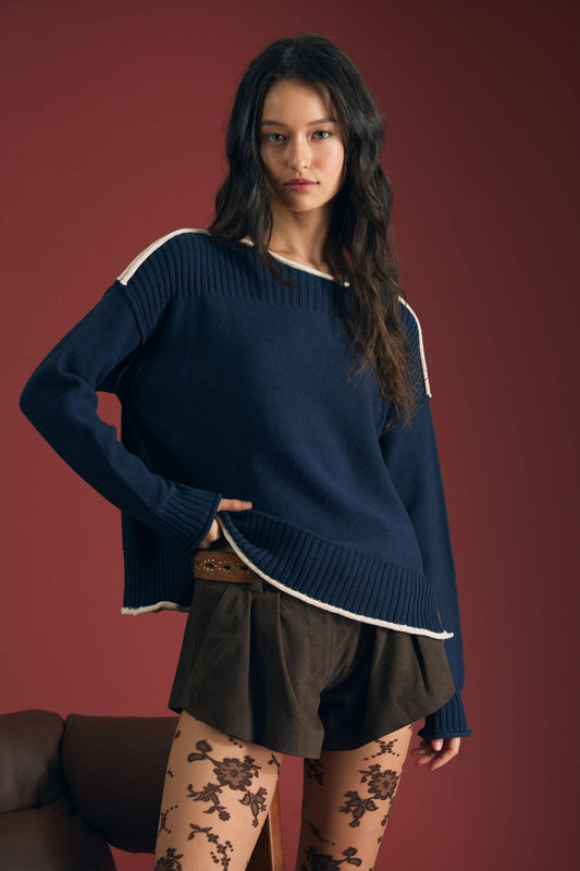 Ribbed Boat Neck Contrast Trim Sweater