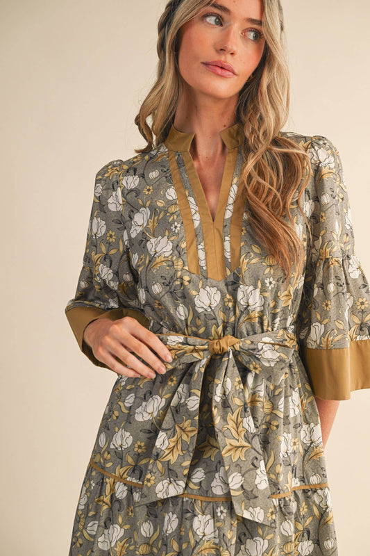 Rental- Floral Belted Contrast Trim Midi Dress