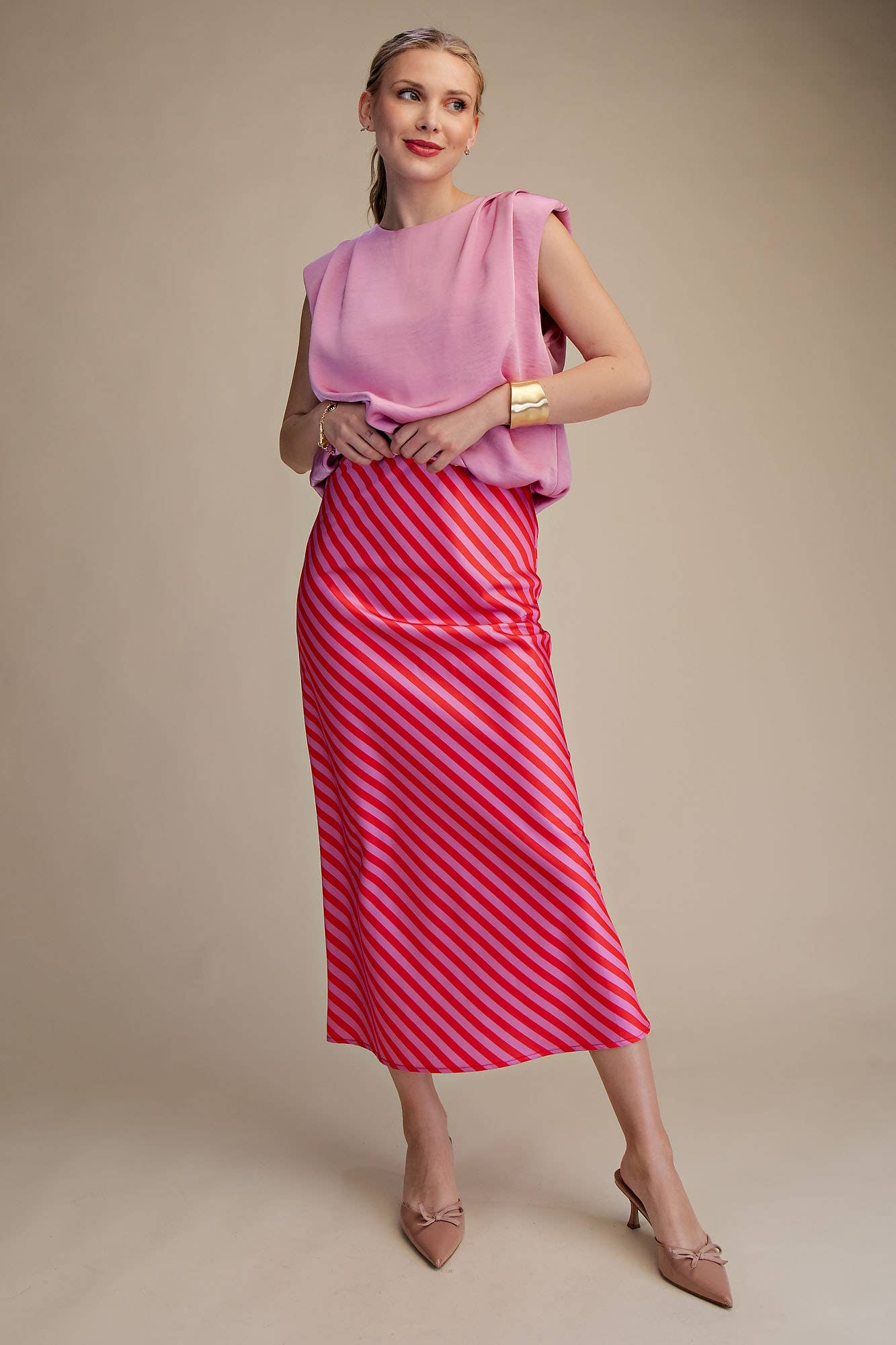 Diagonal Striped Satin Midi Skirt