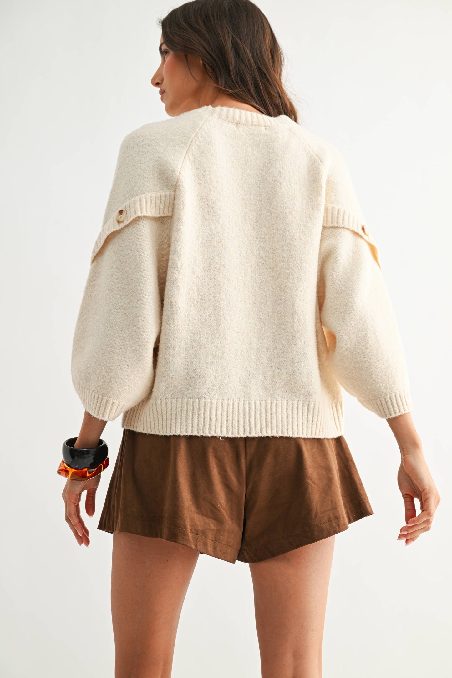 Button Wide Sleeve Knit Pullover Sweater