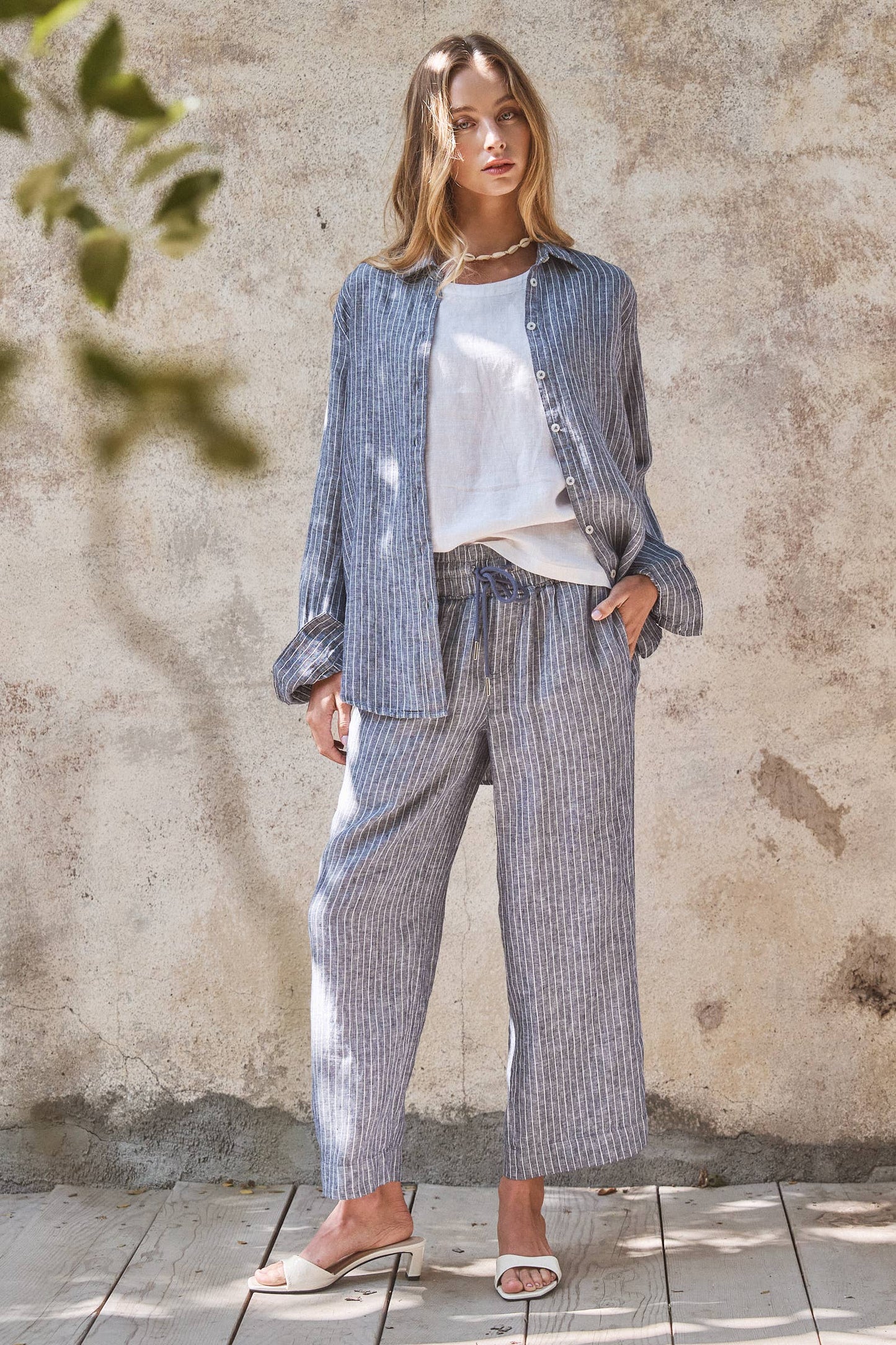 Linen Blend Wide-Leg Drawstring Pants
